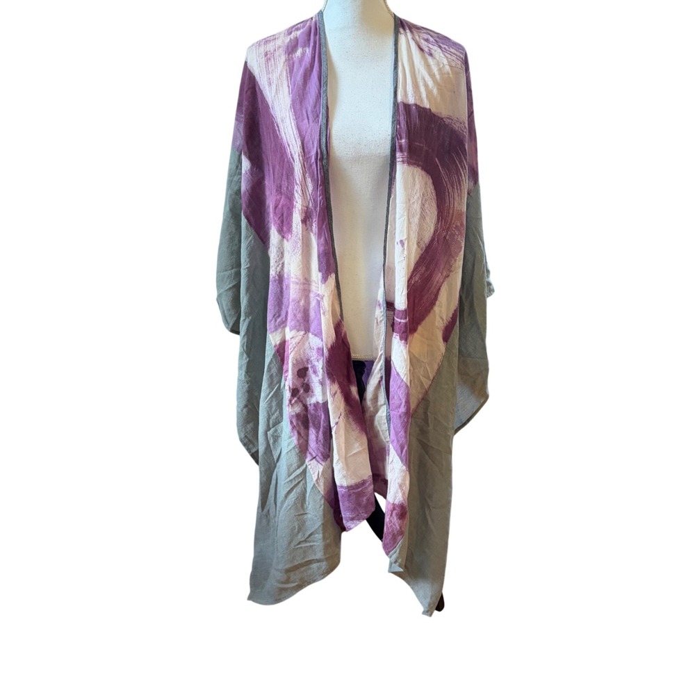 NWT Sucesos Hand Painted Cotton Kimono Wrap Purple Green Boho Artsy One Size